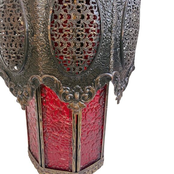 Pair Vintage 23” Red Glass Hanging Lantern Lamps – Spanish Revival Gothic - Picture 3 of 6